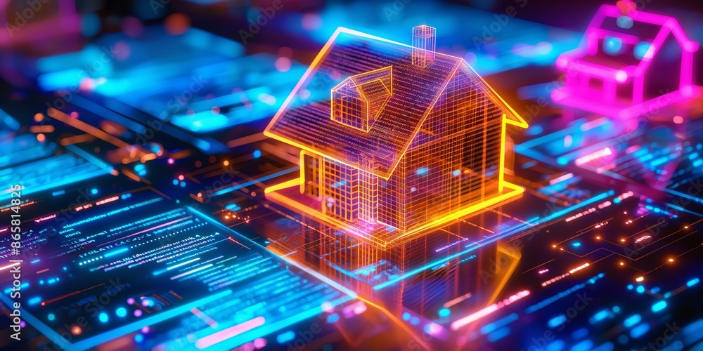 Fototapeta premium Futuristic real estate scene with houses and documents