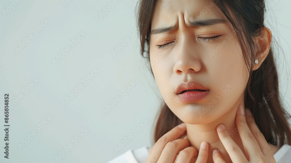 Inflamed young Asian woman, hand holding neck throat, face showing pain, Ai generated Images Inflamed young Asian woman, hand holding neck throat, face showing pain, Ai generated Images