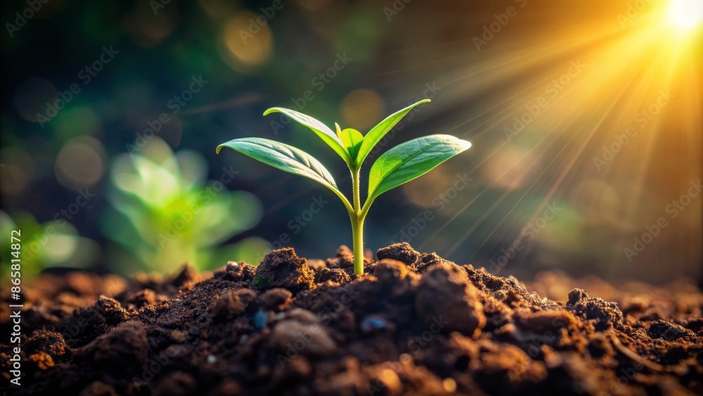 Close-up of small plant sprout growing in dark fertile soil with delicate roots, symbolizing environmentally conscious farming and sustainable agriculture. Close-up of small plant sprout growing in dark fertile soil with delicate roots, symbolizing environmentally conscious farming and sustainable agriculture.