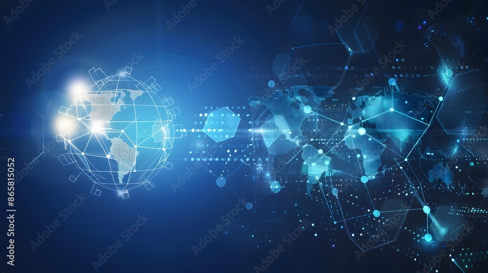Elegant Digital Globe Surrounded by Global Network Connections in Blue Technology Background Elegant Digital Globe Surrounded by Global Network Connections in Blue Technology Background