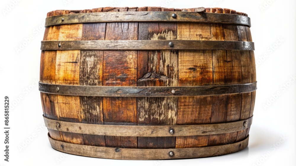 Fototapeta premium Weathered, rusty, old, oak, wooden, barrel, isolated, on, pure, white, background, with, visible, grains, cracks, and, decay, signs.