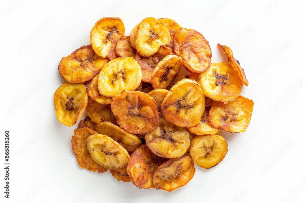 Top view of popular South Indian snack banana chips or kaya varuthathu fried in coconut oil on a white background Top view of popular South Indian snack banana chips or kaya varuthathu fried in coconut oil on a white background
