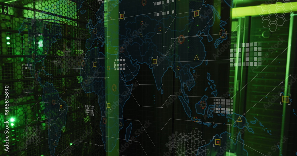 Image of world map and data processing over computer servers Image of world map and data processing over computer servers