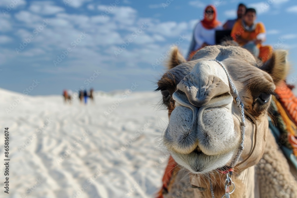 Obraz premium Tourists on camel with guide in white salt desert of Dhordo village India in closeup shot