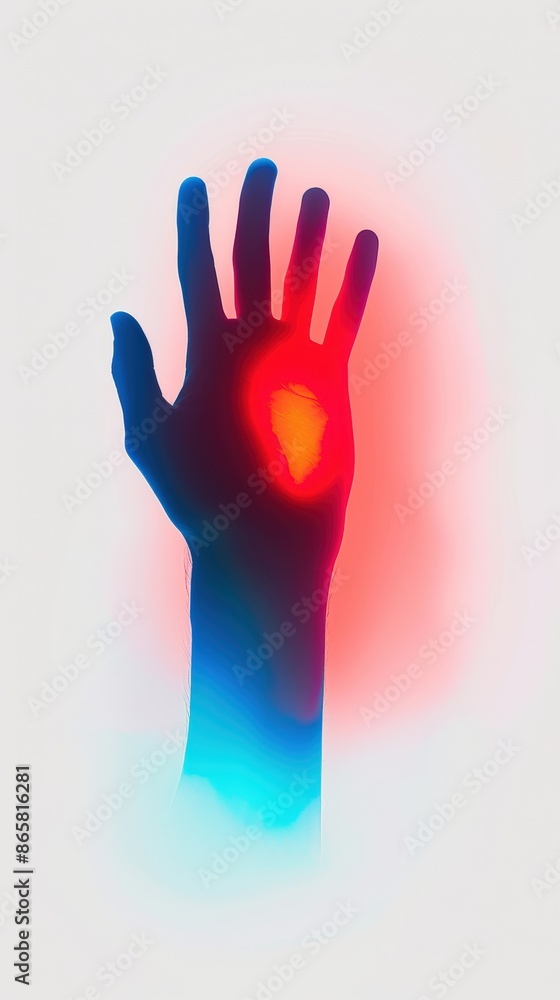 Abstract silhouette of a hand illuminated with red and blue lights on a white background, creating a striking visual effect. Abstract silhouette of a hand illuminated with red and blue lights on a white background, creating a striking visual effect.