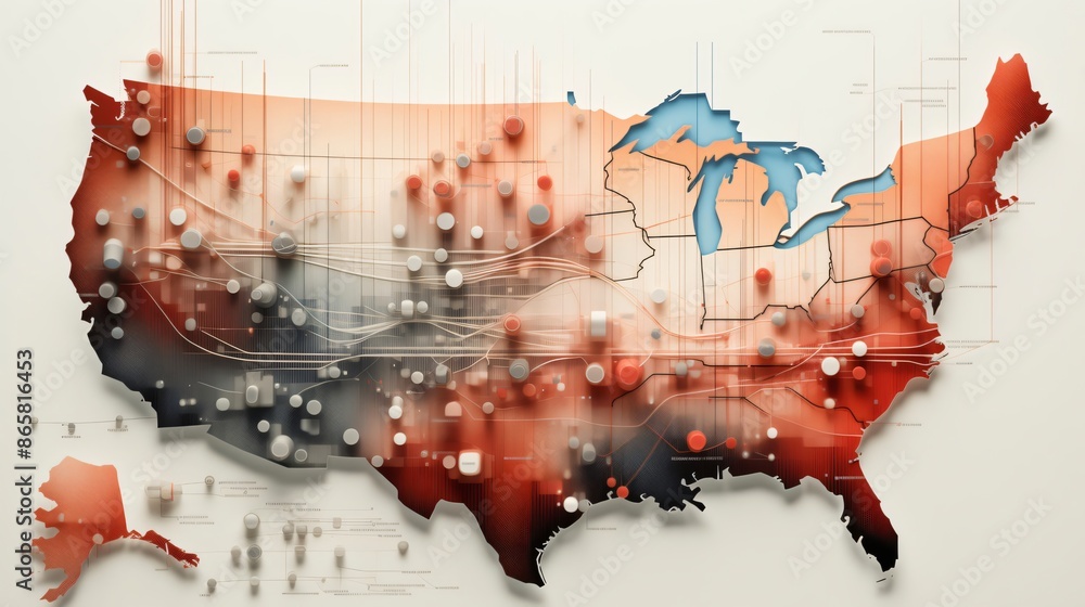 3d render of an abstract map of the usa showing population density