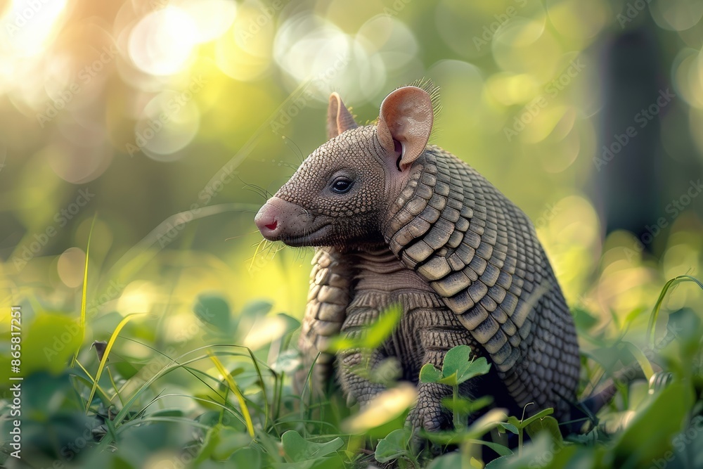Adorable armadillo standing on grass, bathed in warm sunlight, showcasing its intricate armor in a natural setting. Adorable armadillo standing on grass, bathed in warm sunlight, showcasing its intricate armor in a natural setting.