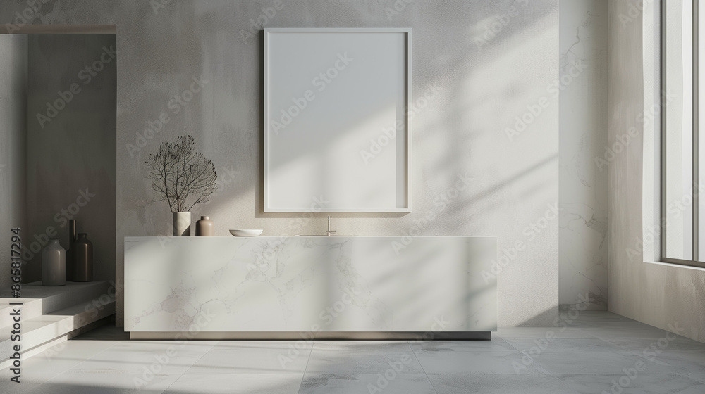 Sleek Sideboard and Blank Frame Mockup in a Light-Filled Minimalist Room, copy space concept, natural light Sleek Sideboard and Blank Frame Mockup in a Light-Filled Minimalist Room, copy space concept, natural light