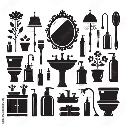 Black silhouettes of bathroom elements on a white background 