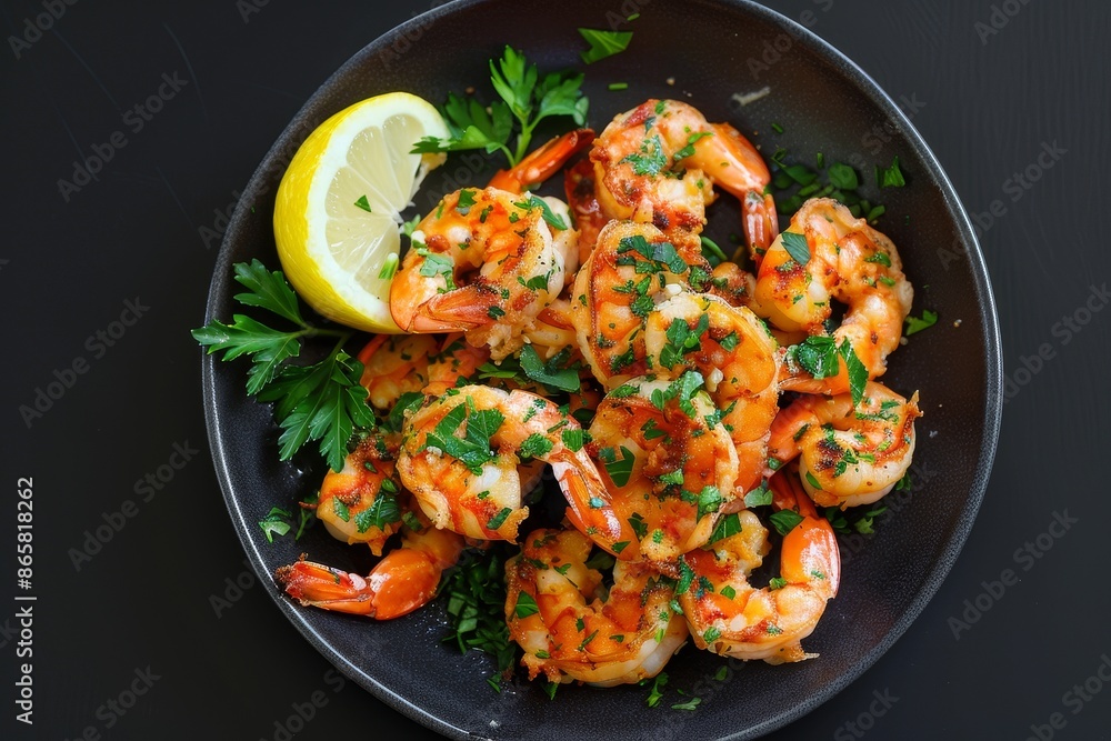 Traditional dish of shrimp prawn scampi fried in garlic batter and garnished with lemon and parsley Healthful Dark background Overhead view Traditional dish of shrimp prawn scampi fried in garlic batter and garnished with lemon and parsley Healthful Dark background Overhead view