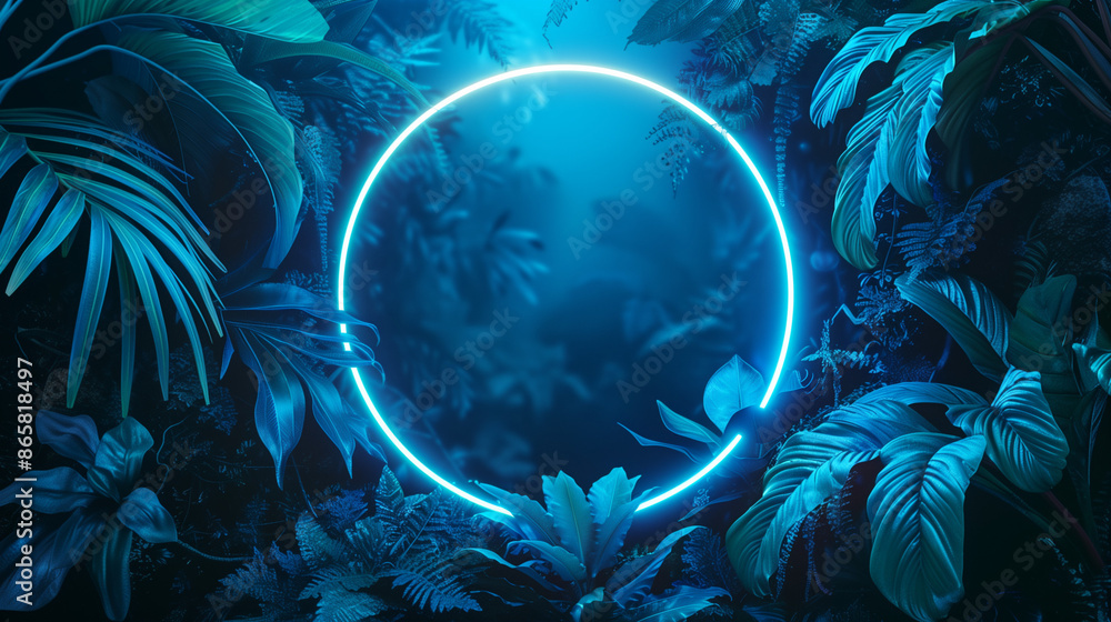 Vibrant Green and Blue Neon Light with Tropical Leaves Stunning Tropical Design Vibrant Green and Blue Neon Light with Tropical Leaves Stunning Tropical Design