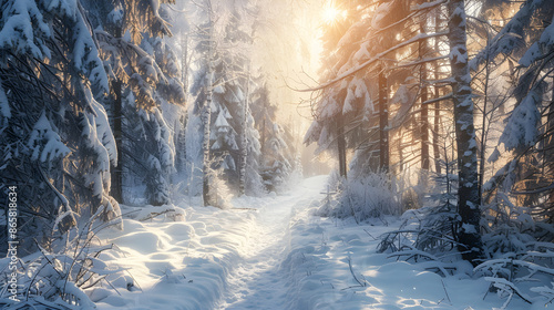 Snowy Forest Path with Sunbeams Illustration