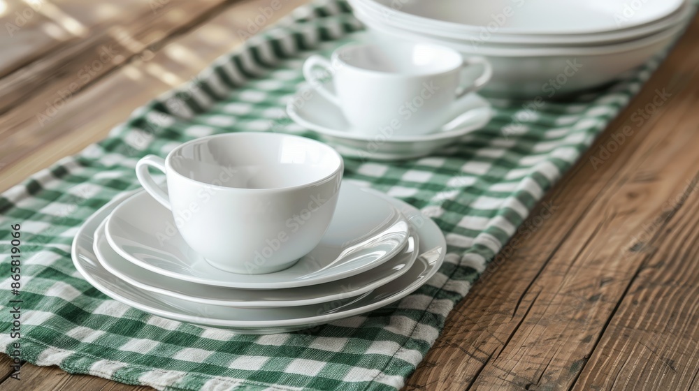 Table setting with white dishware on wood table and green checkered tablecloth Table setting with white dishware on wood table and green checkered tablecloth