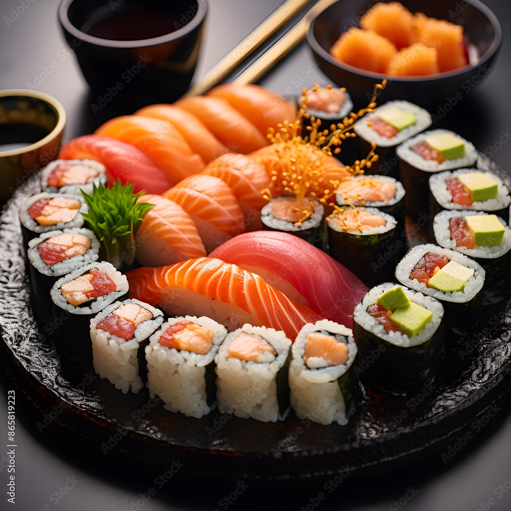 Vibrant display of sushi delicacy, an emblem of traditional Asian gastronomy Vibrant display of sushi delicacy, an emblem of traditional Asian gastronomy