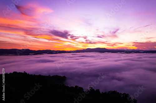 Landscape mountains nature view from Drone camera in sunset or sunrise sky background © panya99