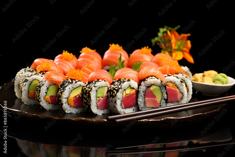 Vibrant display of sushi delicacy, an emblem of traditional Asian gastronomy Vibrant display of sushi delicacy, an emblem of traditional Asian gastronomy