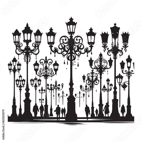 Black silhouettes of city street lanterns on a white background