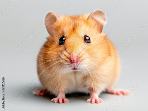 Adorable golden hamster with large black eyes sitting on a neutral background, showcasing its furry coat and cute little paws.