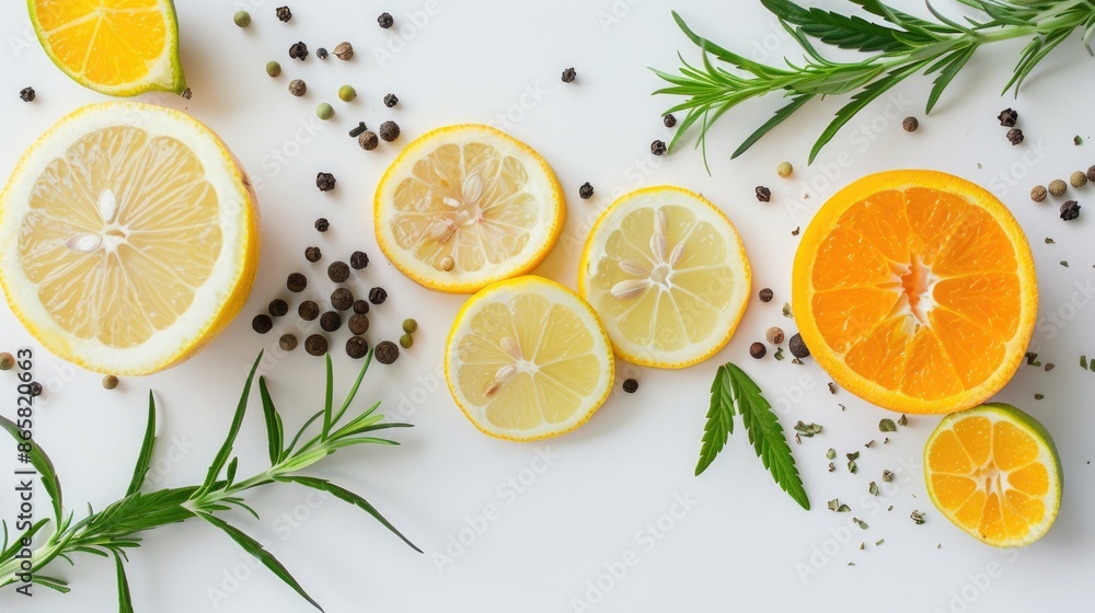 Concept of Cannabis Terpene with Lemon Orange and Peppercorns on White Surface Concept of Cannabis Terpene with Lemon Orange and Peppercorns on White Surface