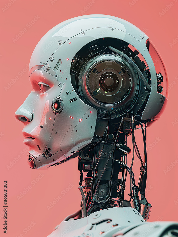 A profile of an AI robot head with circuitry visible against a pink background in a photo realistic style A profile of an AI robot head with circuitry visible against a pink background in a photo realistic style
