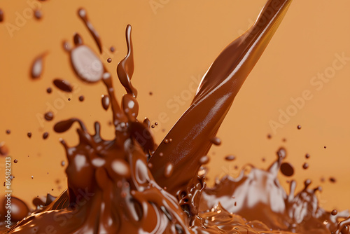 Close-up of Liquid Chocolate Syrup Crown Splash With Milk and Ripples With Pour Stream Isolated on Dark White Background