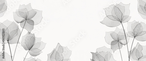 Botanical black and white art background with transparent flowers in watercolor style. Vector floral banner for wallpaper, postcard, cover, invitation, packaging, interior design, print, poster.