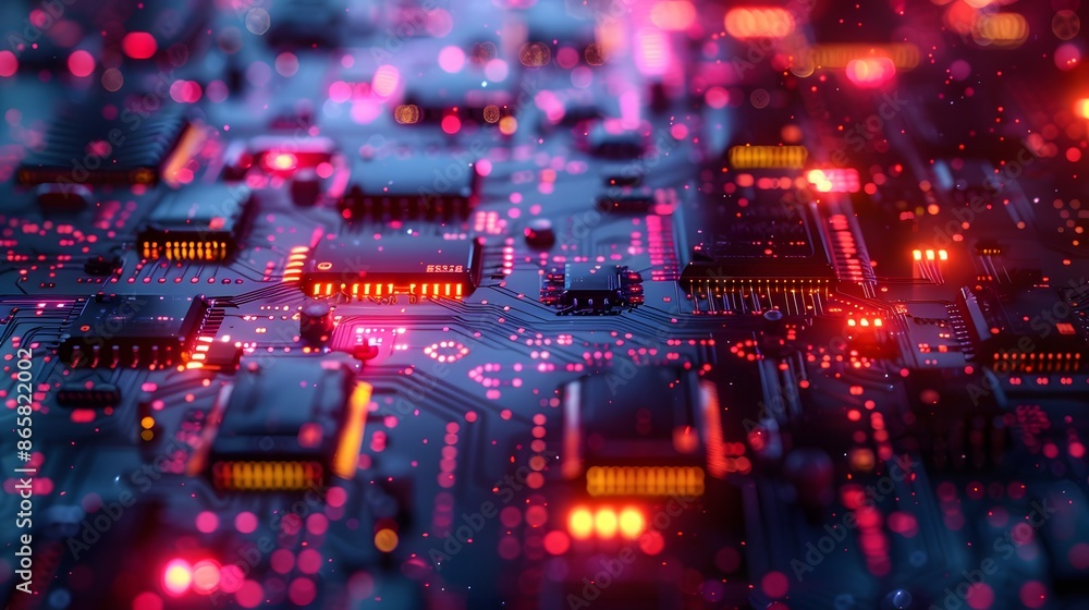 Fototapeta premium Futuristic tech background: circuit board patterns, digital elements, and modern color palette.