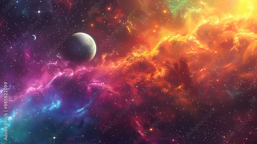 A colorful space scene with a planet and stars A colorful space scene with a planet and stars