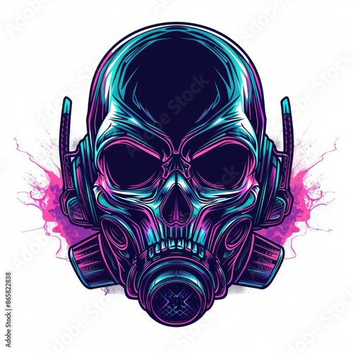 Cyberpunk Skull with Gas Mask and Headphones. Neon Illustration photo