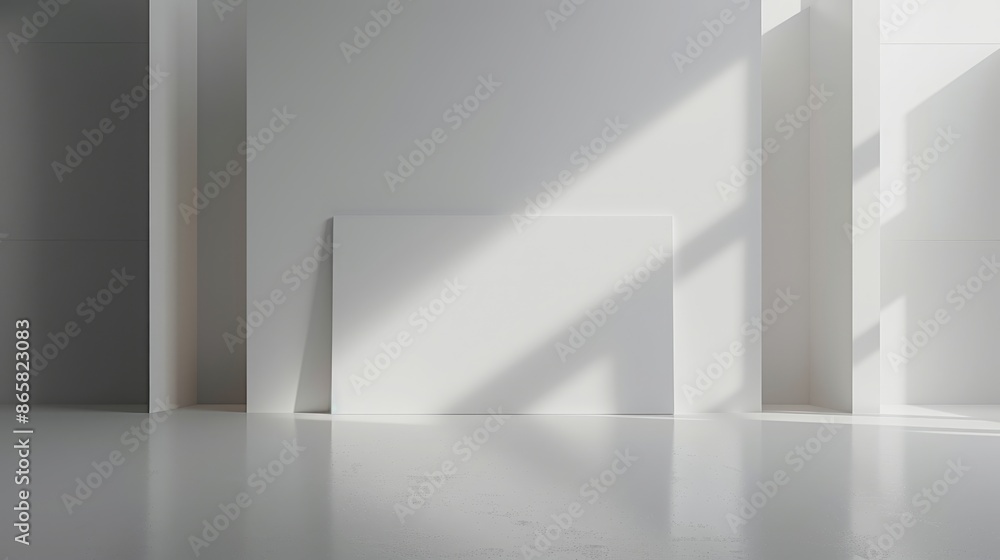 Minimalist white room with blank canvas and sunlight casting shadows, perfect for gallery or art exhibition space. Concept of art, design, minimalism, and architecture Minimalist white room with blank canvas and sunlight casting shadows, perfect for gallery or art exhibition space. Concept of art, design, minimalism, and architecture