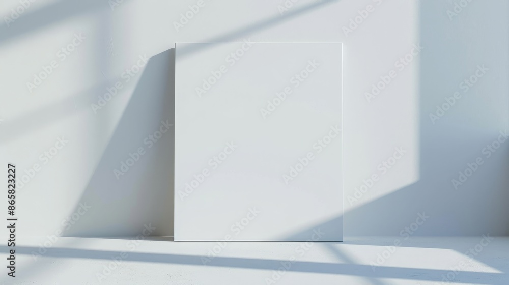 Blank white canvas mockup on shelf with window shadow overlay for artwork, photo, or print presentation. Minimalist design for artistic display or interior decor. Blank white canvas mockup on shelf with window shadow overlay for artwork, photo, or print presentation. Minimalist design for artistic display or interior decor.