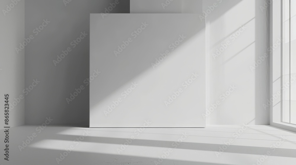 Blank canvas mockup leaning against white wall in sunlit room. Minimalist interior design with empty frame for art or poster. Concept of exhibition, gallery, and modern decor. Blank canvas mockup leaning against white wall in sunlit room. Minimalist interior design with empty frame for art or poster. Concept of exhibition, gallery, and modern decor.