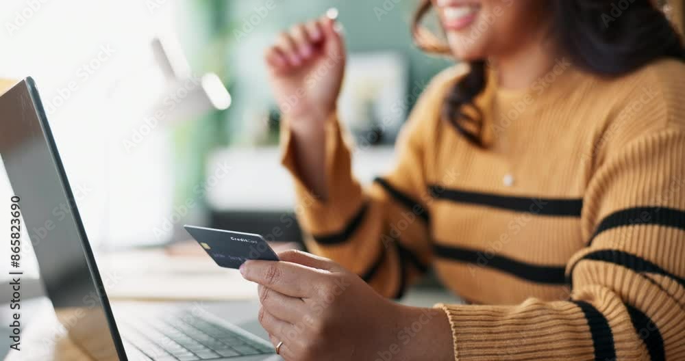 Budget, laptop and woman with credit card, hands and internet for online shopping, home and payment. Closeup, apartment and person with computer, transactions and banking app for finance or ecommerce