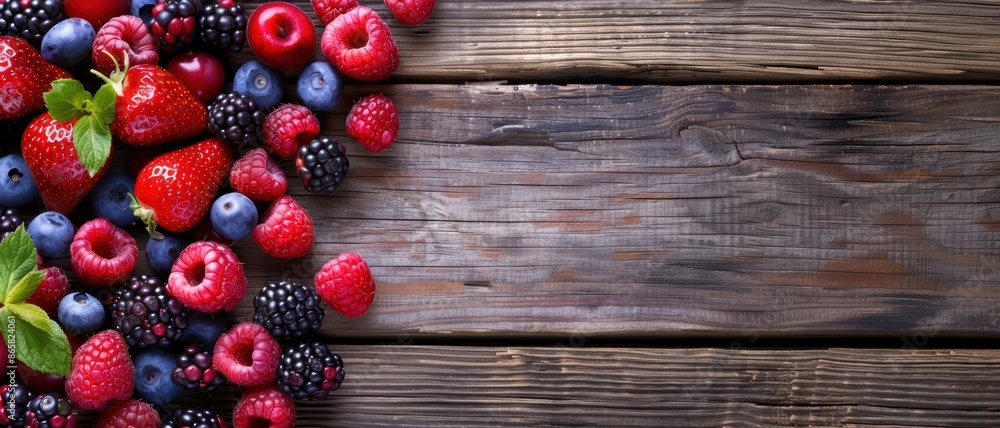 Fresh mix berries scattered on rustic wooden table, top view, natural lighting, bright colors, copy space Fresh mix berries scattered on rustic wooden table, top view, natural lighting, bright colors, copy space