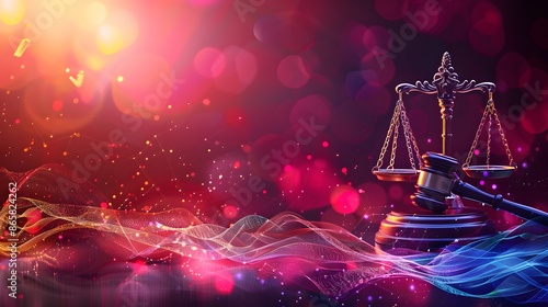 Vibrant background with scales of justice, a gavel, legal documents, and dynamic flowing lines.