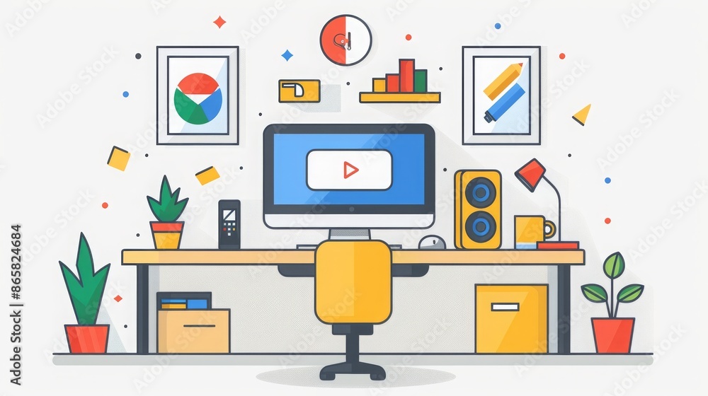 Modern home office setup with computer, desk, chair, and office supplies. Concept of remote work, freelance, online learning, and productivity. Modern home office setup with computer, desk, chair, and office supplies. Concept of remote work, freelance, online learning, and productivity.