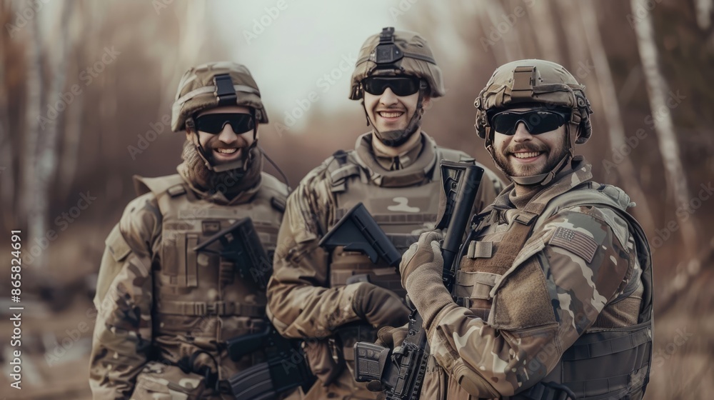 Three smiling soldiers in camouflage posing with guns in a forest. Concepts. military, army, war, combat, veterans, brotherhood, teamwork. Three smiling soldiers in camouflage posing with guns in a forest. Concepts. military, army, war, combat, veterans, brotherhood, teamwork.