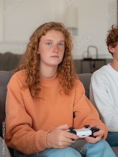 Teenager with curly hair playing video games in a cozy living room.