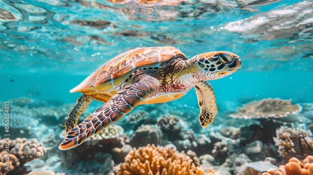 Fototapeta premium Turtle with Beautiful Shell on Coral Reef 