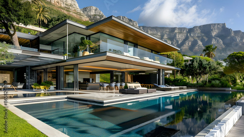 A stylish modern house with a glass facade, open floor plan, and a luxurious infinity pool, set against a mountain backdrop