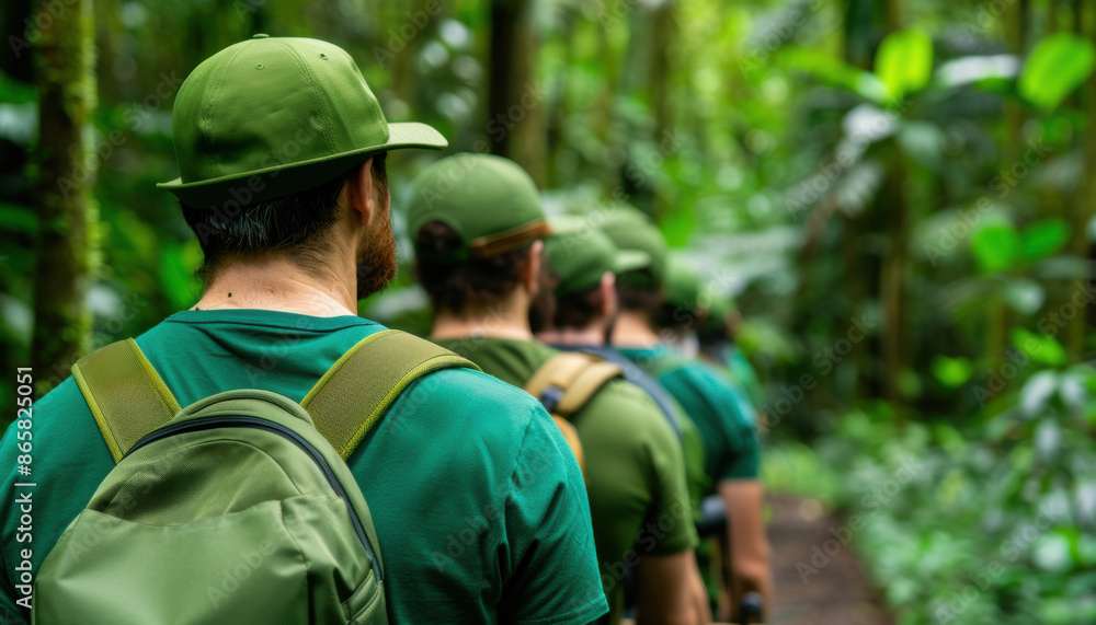 Fototapeta premium A group of ecologists feeling united while conducting field research in a rainforest, Unity, Ecological Fieldwork