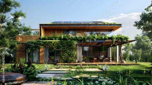 An eco-friendly structure with a green roof, solar panels, and sustainable materials, set in a suburban area © DESIRED_PIC