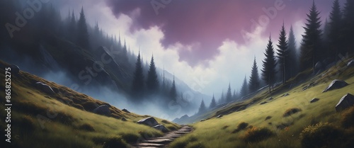 Mountainous Landscape Dense Forest Misty Valley Stone Pathway Vibrant Sky Tall Pine Trees Lush Green Meadows Rocky Terrain Serene Ambiance Background Wallpaper