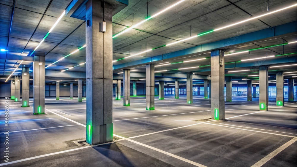 Modern urban car park with sleek concrete pillars and empty cement floor, illuminated by futuristic neon lights at dusk. Modern urban car park with sleek concrete pillars and empty cement floor, illuminated by futuristic neon lights at dusk.