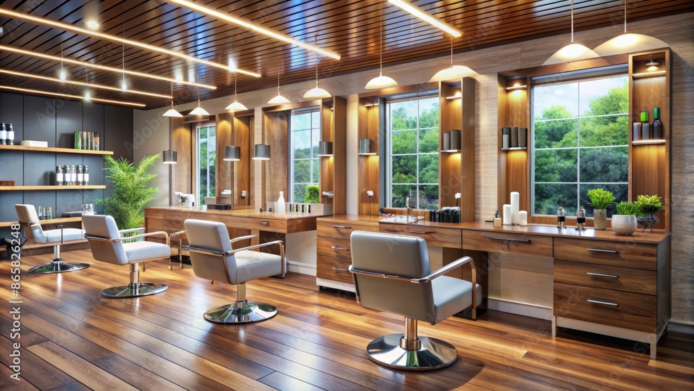 Vibrant beauty salon interior with modern styling chairs, mirrored walls, and various beauty products on sleek wooden countertops waiting usage. Vibrant beauty salon interior with modern styling chairs, mirrored walls, and various beauty products on sleek wooden countertops waiting usage.