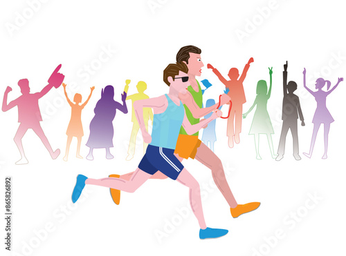 視覚障害者がマラソン大会を走っているイラスト素材です。ガイドランナーが伴走しています。