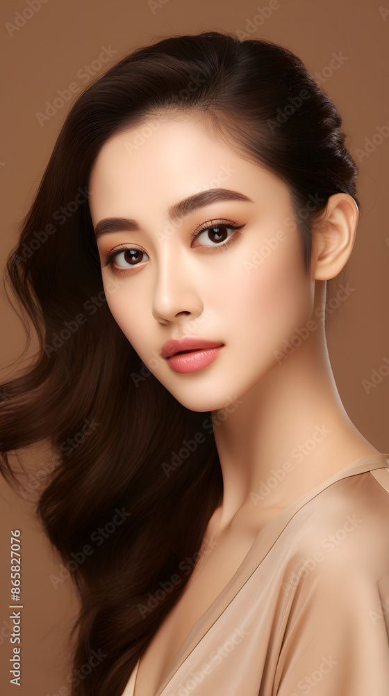 Fototapeta premium Beauty face. Woman with natural makeup and healthy skin portrait. Beautiful asian girl model touching fresh glowing hydrated facial skin on beige background closeup. Skin care concept 