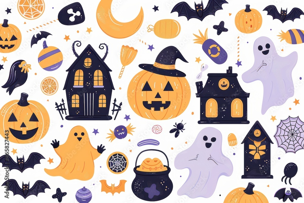 Colorful and fun Halloween scene with various elements. Colorful and fun Halloween scene with various elements.