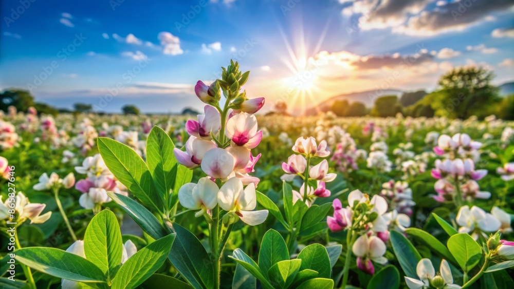 Vibrant clusters of white and pink Guar bean flowers bloom amidst lush green foliage in a sun-kissed agricultural landscape. Vibrant clusters of white and pink Guar bean flowers bloom amidst lush green foliage in a sun-kissed agricultural landscape.