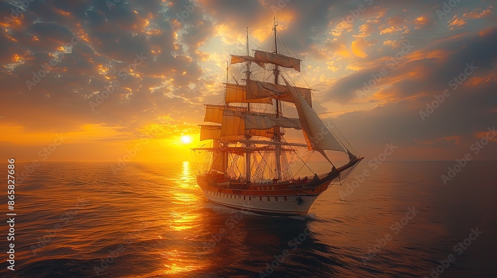 Obraz premium Backlit sails of a traditional tall ship on the atlantic, sea bot 